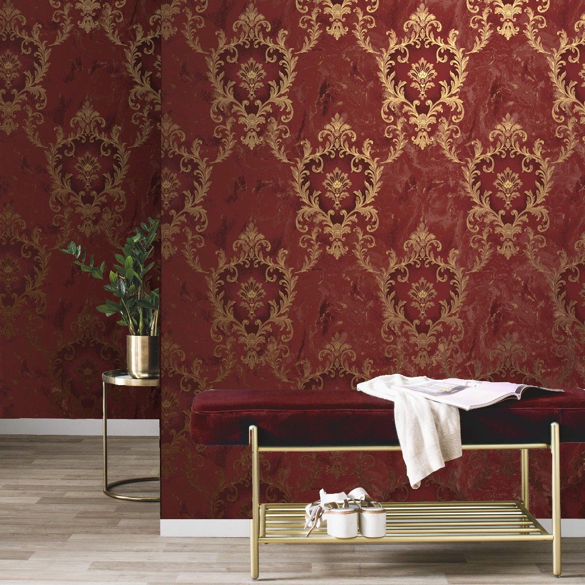 Sienna Damask Red Gold Vasari Italian Luxury Vinyl Wallpaper 538427